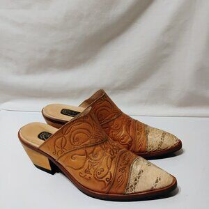 Salpy Clogs Mules Tooled Leather Snakeskin Handmade USA Luxury Cowgirl Tan 8